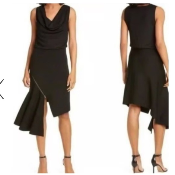 Alice + Olivia NWT‎ Asymmetrical Cowl Neck Midi Dress Black Small Party Cocktail - Picture 1 of 9